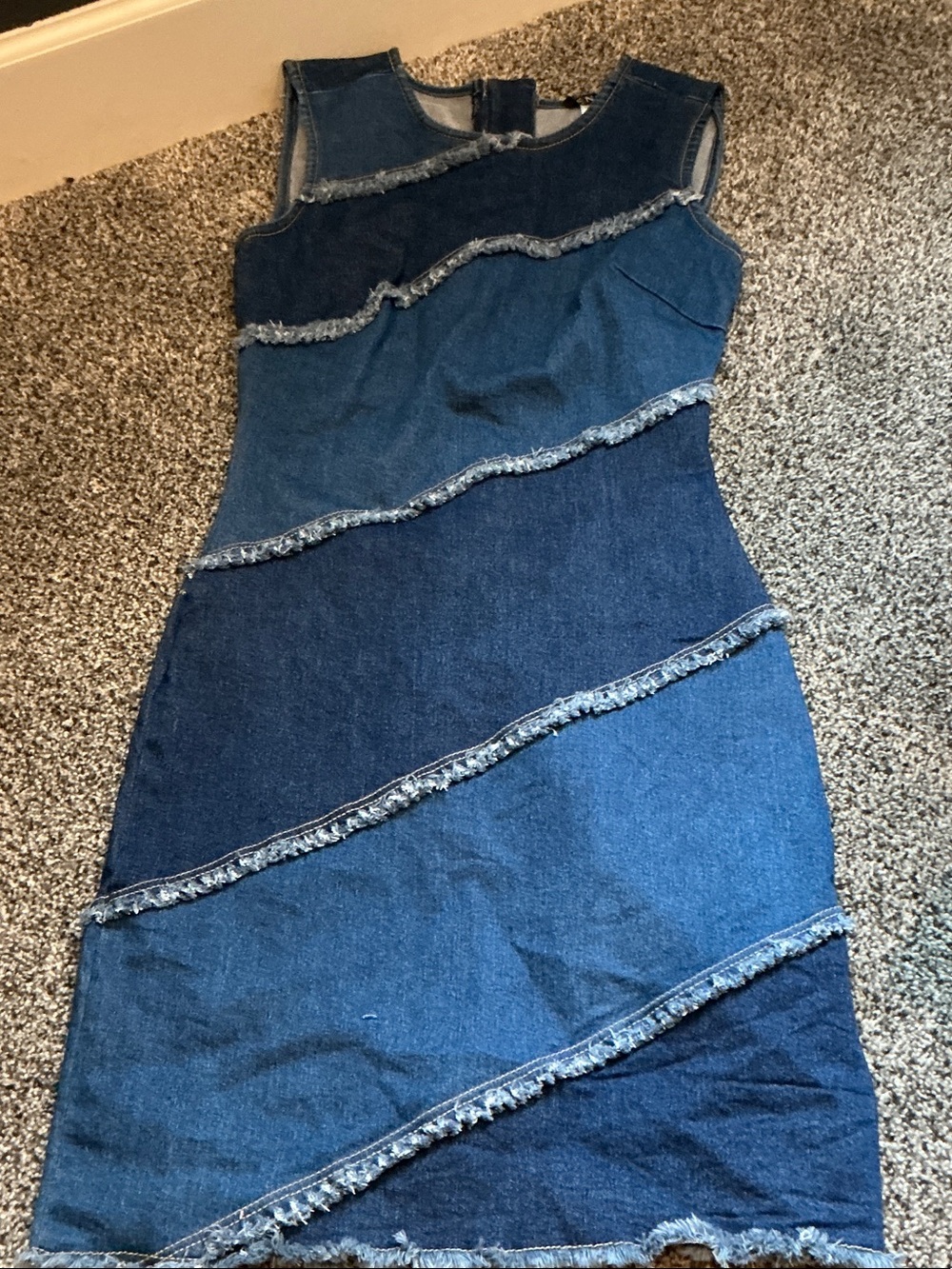 Women’s Sleeveless Dark Blue Denim Dress with Frayed Accent